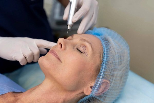 Patient on the treatment table with the surgeon's hand near the eye